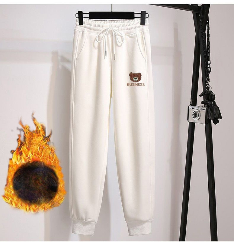 Női fleecével bélelt sportnadrág medve mintával, boka hosszú, magas derekú, poliészter-elasztán keverék