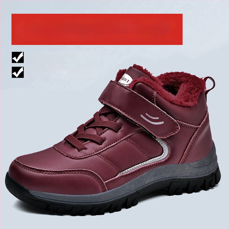 Zimske cipele od prave kože za starije žene, vodootporne, s plišastom unutrašnjosti, Velcro zatvaranje, gumeni đon, prugast uzorak