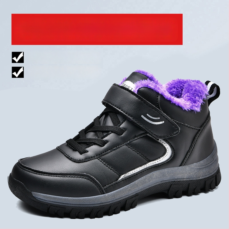 Zimske cipele od prave kože za starije žene, vodootporne, s plišastom unutrašnjosti, Velcro zatvaranje, gumeni đon, prugast uzorak