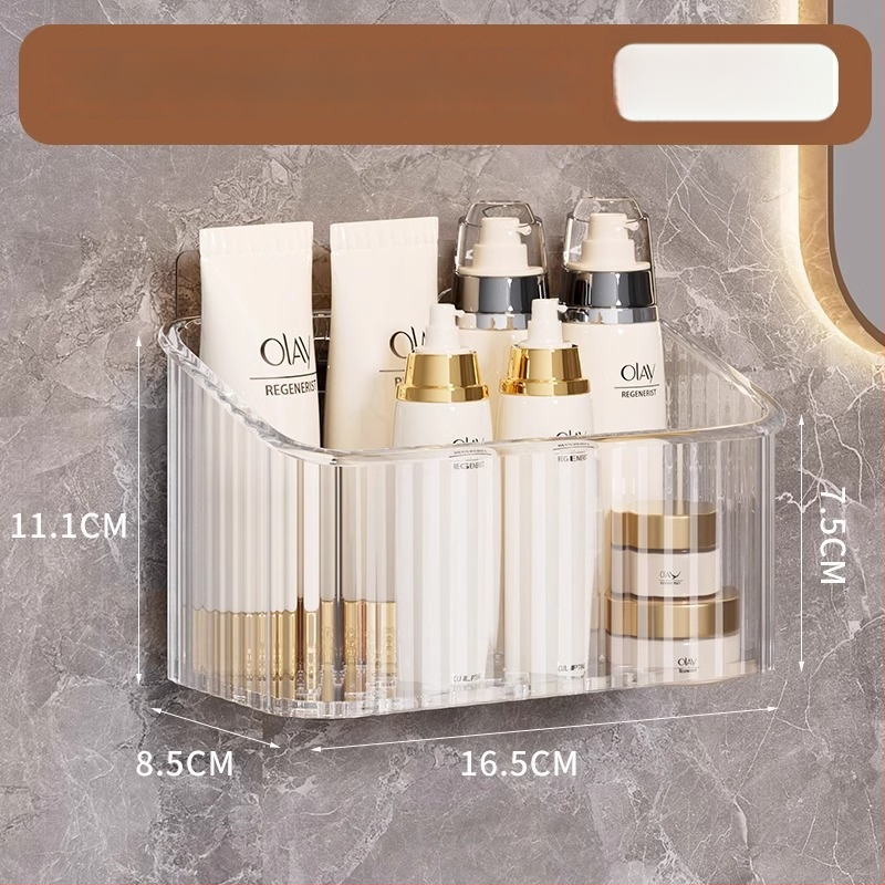 Sienas uzstādāms kosmētikas uzglabāšanas grozs vannas istabai, bez urbšanas, plastmasas, mūsdienīgs stils (Uzstādīšana: bez urbšanas; Materiāls: plastmasa; Modelis: sienas uzglabāšanas grozs kosmētikai; Svars: 1 kg)