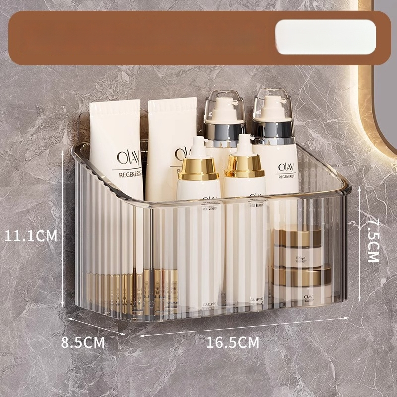 Sienas uzstādāms kosmētikas uzglabāšanas grozs vannas istabai, bez urbšanas, plastmasas, mūsdienīgs stils (Uzstādīšana: bez urbšanas; Materiāls: plastmasa; Modelis: sienas uzglabāšanas grozs kosmētikai; Svars: 1 kg)