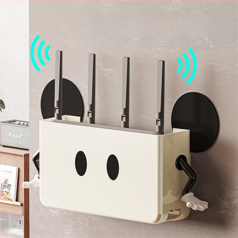 Sienā piestiprinājama uzglabāšanas kaste mājas WiFi maršrutētājiem, set-top kastēm un tālvadības pultīm — PP materiāls, modelis 10015, svars 0,3 kg, daudzfunkcionāls, mūsdienīgs minimālisma stils
