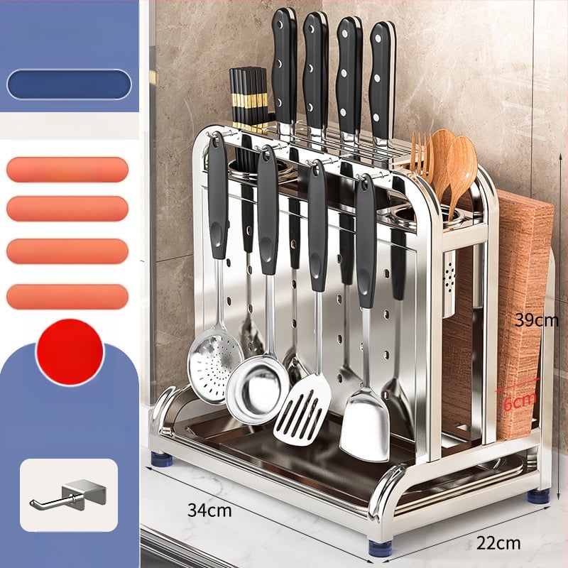 304 rozsdamentes acél konyhai késállvány integrált vágódeszka- és pálcika-tartóval — összeszerelés nélkül