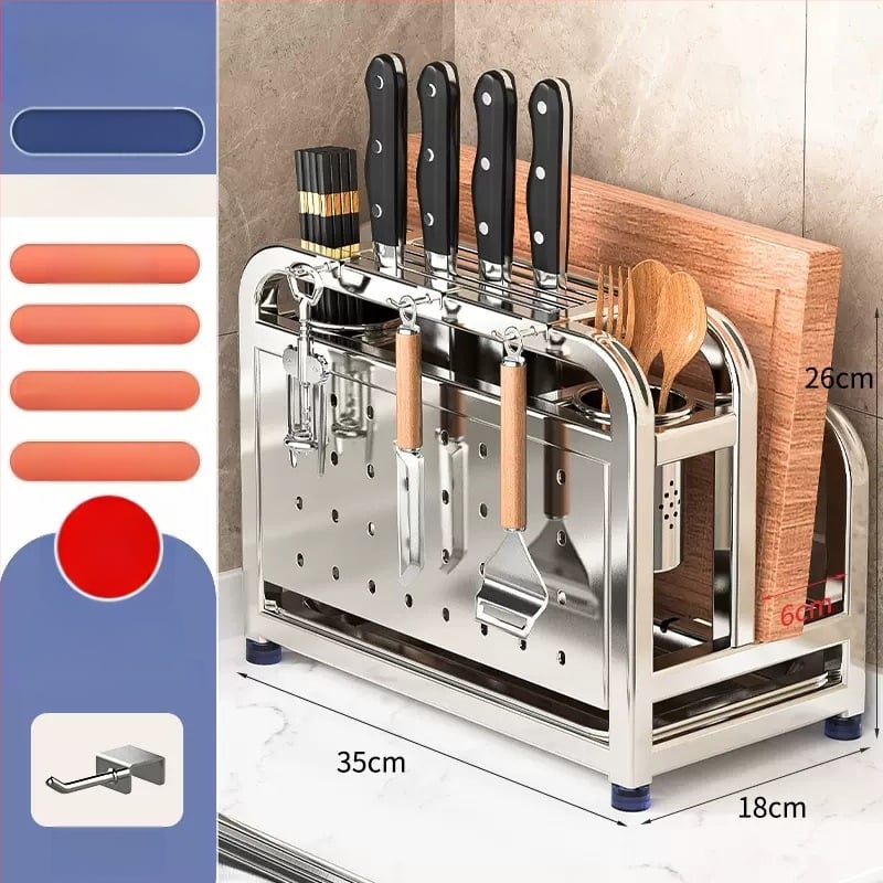 304 rozsdamentes acél konyhai késállvány integrált vágódeszka- és pálcika-tartóval — összeszerelés nélkül