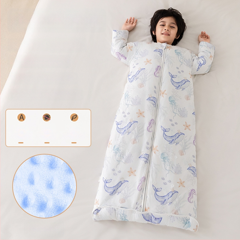 Kõigi aastaaegade laste magamiskott ja anti-kick tekike, 100% puuvillane kangas, täidis siidist ja puuvillast, 0,55–1,0 kg, stiil Cartoon soe disain