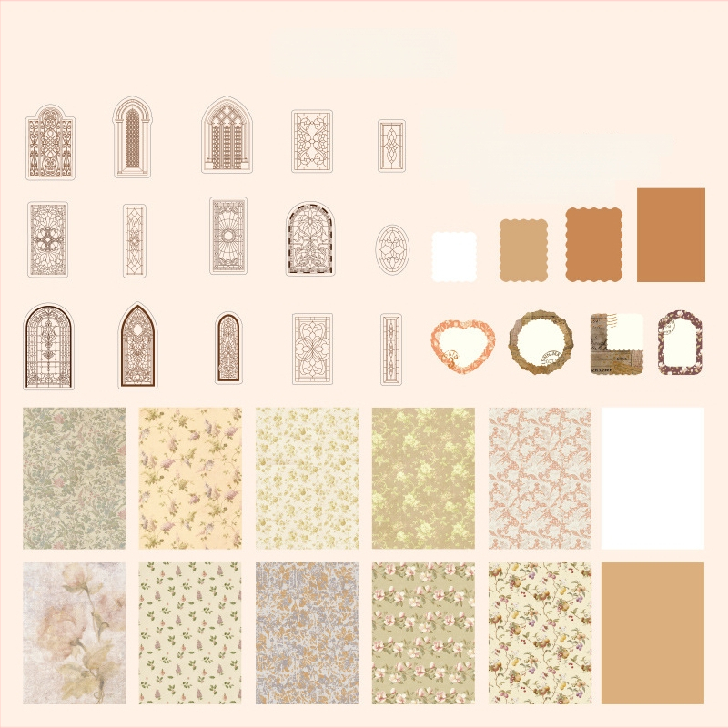 Dienasgrāmatas papīra komplekts ar retro pamatu un dekoratīvām uzlīmēm | Zīmols: Dyeing; Materiāls: Papīrs; Amats: Drukāšana; Svars: 42 g somā; Kaste: 800 gab.