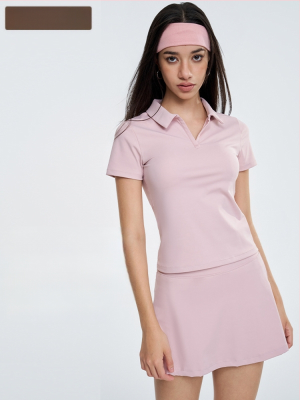 Ženski sportski set: polo majica s kratkim rukavima i tenis suknja za jogu – brzo sušenje, odvlačenje vlage, najlon + spandex, 80/20, pulover stil