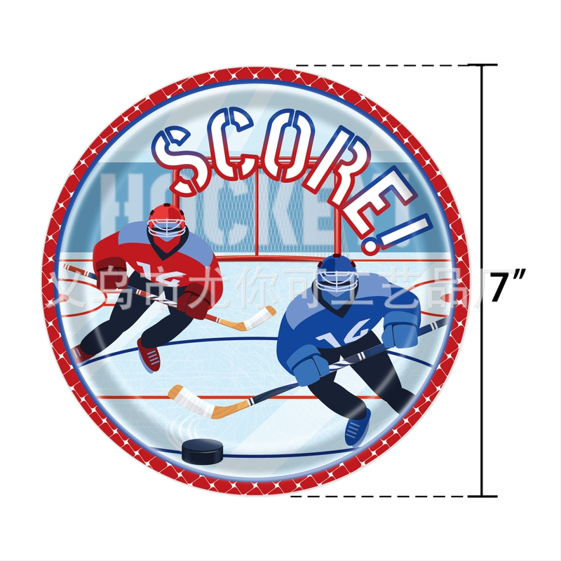 Ledus hokeja dzimšanas dienas galda piederumi – papīra šķīvji, salvetes, galdauts; hokeja tēma