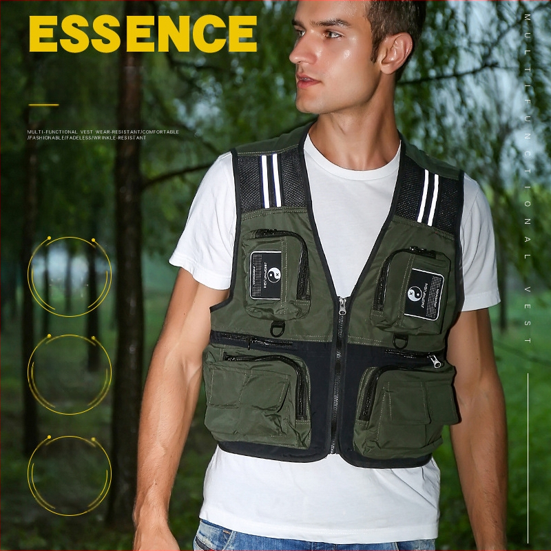 Zvejas veste ar daudzām kabatām, elpojoši sietu paneļi, noņemams elpojošs sietu prslēgs, četrsezonu poliestera audums, rāvējslēdzējs priekšā, V kakla izgriezums