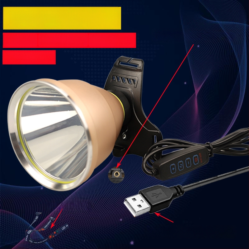 Frontala LED, USB reîncărcabilă, 5V, montare pe cap, distanța de iluminare ≥500 m, autonomie 8 h, potrivită pentru pescuit noaptea și drumeții