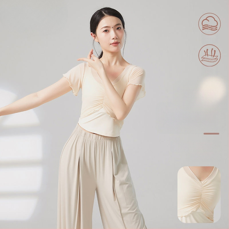 Sieviešu baleta bodijs etniskām dejām — īsas piedurknes, poliestera-elastāna maisījums, pavasaris 2025