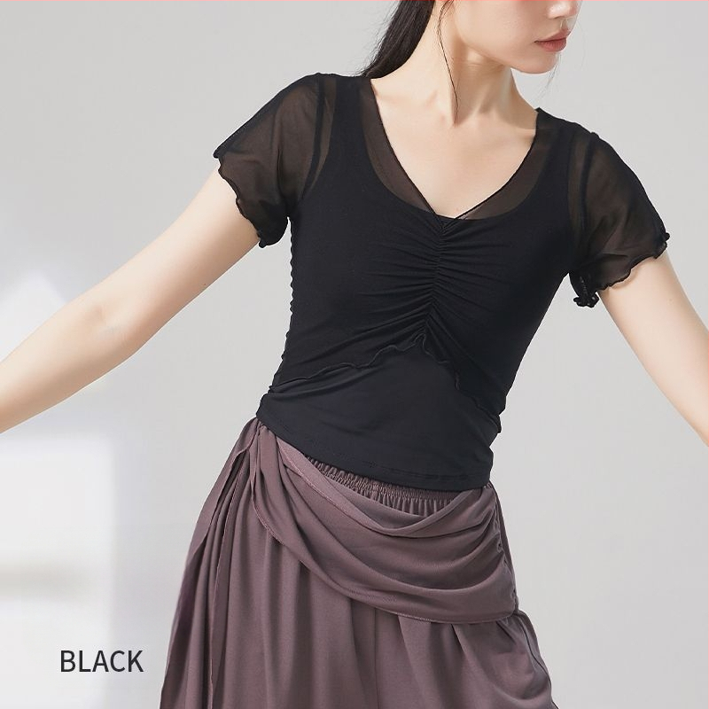 Sieviešu baleta bodijs etniskām dejām — īsas piedurknes, poliestera-elastāna maisījums, pavasaris 2025