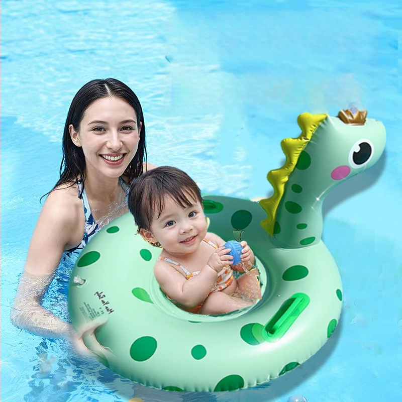 Inel de înot pentru copii, gonflabil, imprimeu cu dinosaur, cu spate, anti-răsturnare, PVC gros 20, destinat înotului și bălăceală