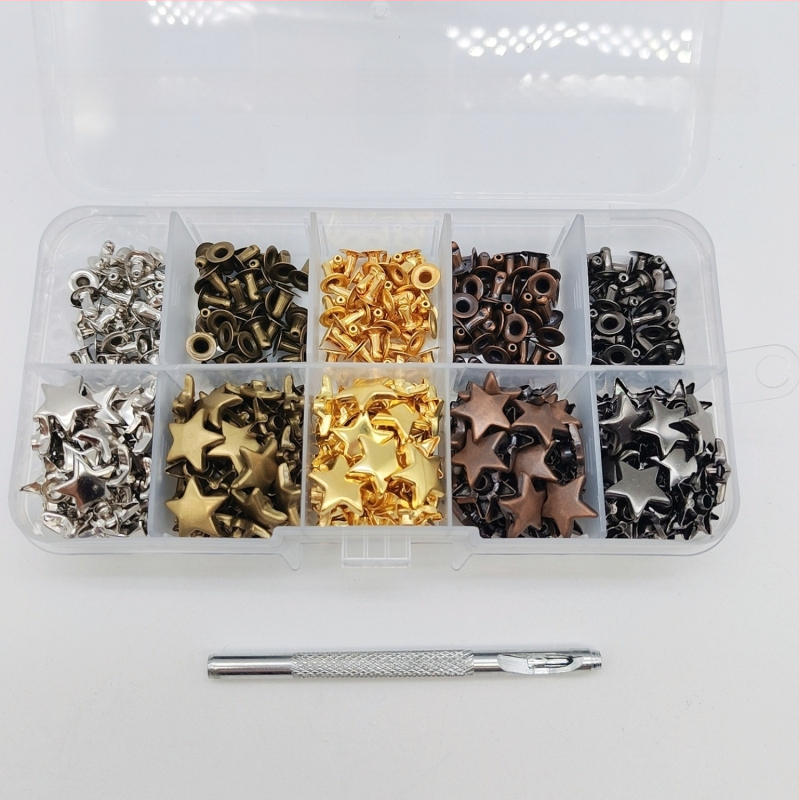 Set de accesorii metalice pentru piele: nituri cu design stea și pentagramă; nit gol; accesorii pentru butoane nit