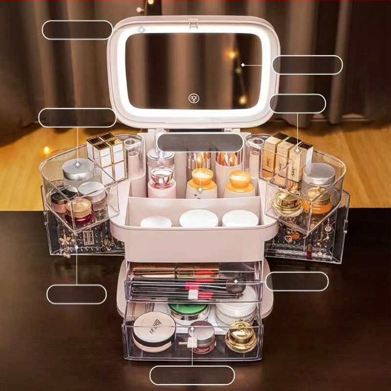 Kutija za skladištenje kozmetike s LED ogledalom i pretincom za nakit — ABS materijal, klizni poklopac, japanski stil, proljeće 2025