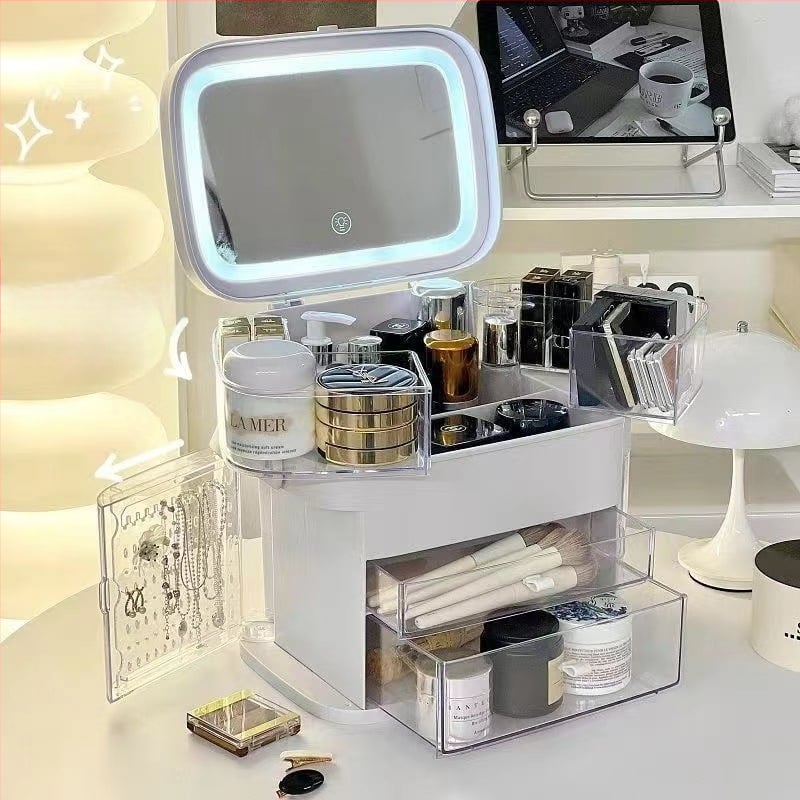 Kutija za skladištenje kozmetike s LED ogledalom i pretincom za nakit — ABS materijal, klizni poklopac, japanski stil, proljeće 2025