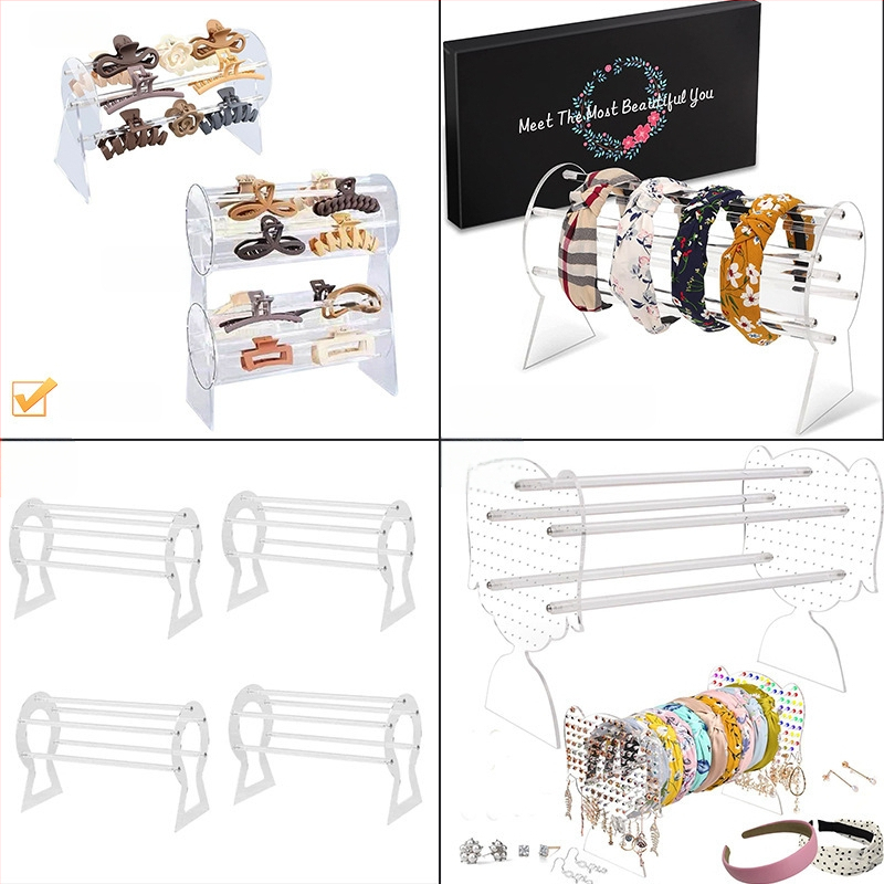 Akrilo juvelyrinių aksesuarų ekspozicijos stendas, skaidrus, vieno aukšto, sujungimo konstrukcija, mergaitiško stiliaus, palaiko etikečių žymėjimą