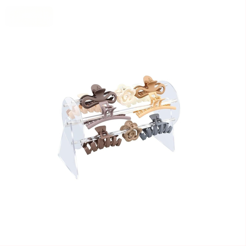 Akrilo juvelyrinių aksesuarų ekspozicijos stendas, skaidrus, vieno aukšto, sujungimo konstrukcija, mergaitiško stiliaus, palaiko etikečių žymėjimą