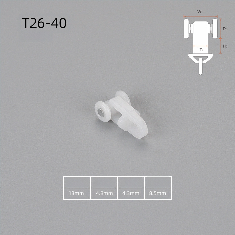 Aizkaru rievu ritināšanas aksesuāri, modelis T26-33; materiāls PE + nerūsējošs tērauds; piemērots karājamiem aizkariem; pielāgota apstrāde