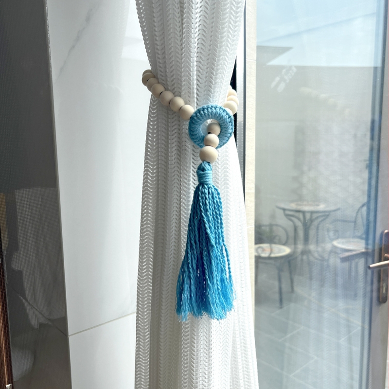 Carant 2 iepakojumi Eiropas stila dekoratīvā aizkaru aukla ar šķipsnām un koka pērlēm, kokvilnas aukla aizkariem, pielānojama