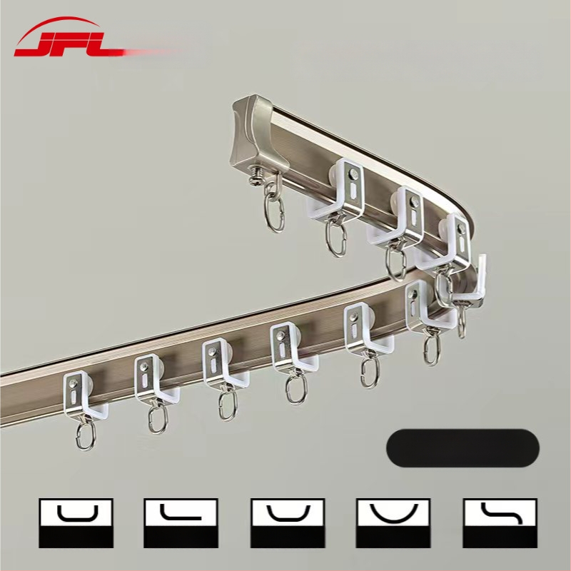 Alumīnija aizkaru sliede, modelis JFL-F07, roku izliekama, griestu vai sānu uzstādīšanai, piemērota aizkariem tipam suspensija