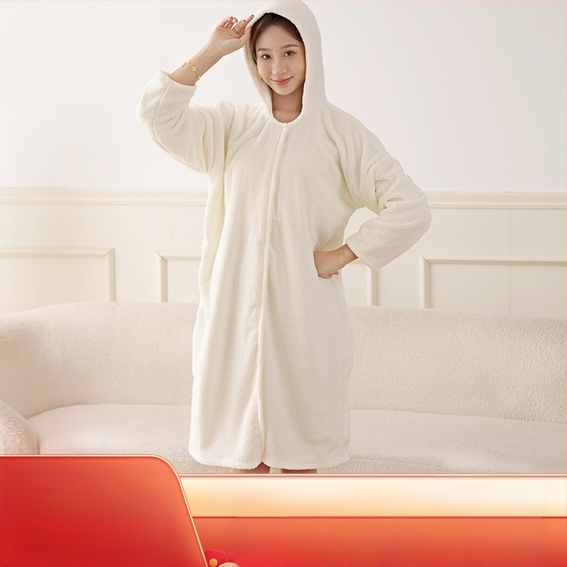 Halat de baie cu glugă, lung, unisex, din microfibră de poliester, absorbant la apă și cu uscare rapidă, pentru iarnă