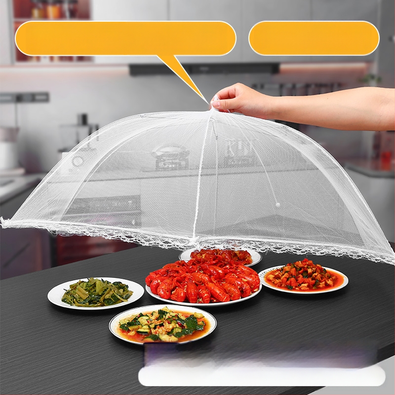 Sulankstomas maisto uždengimo dangtis su metalo tinkleliu — nuo musių, daugiafunkcinis, šiuolaikiškas dizainas