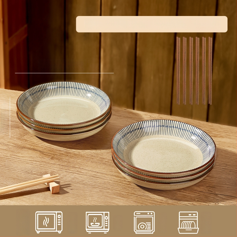 Keraminių dubenėlių komplektas su dryžiais, apvalios formos, šiuolaikinio minimalistinio stiliaus, tinkama mikrobangų krosnelei