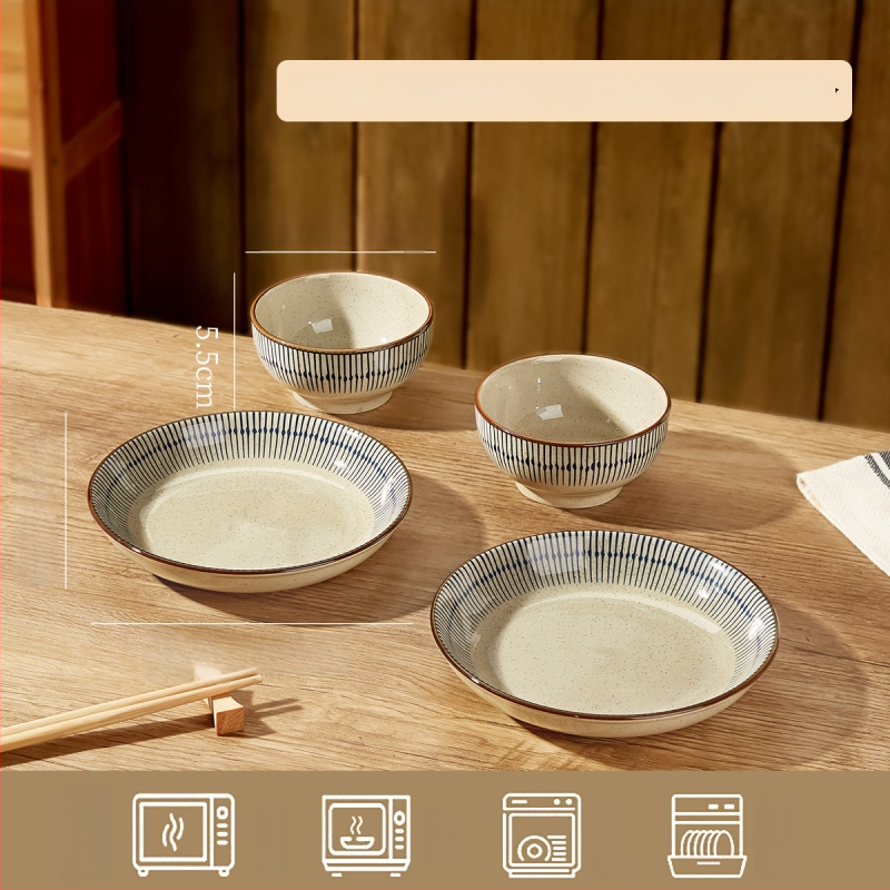 Keraminių dubenėlių komplektas su dryžiais, apvalios formos, šiuolaikinio minimalistinio stiliaus, tinkama mikrobangų krosnelei