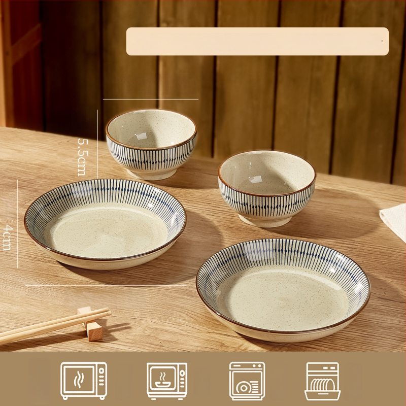 Keraminių dubenėlių komplektas su dryžiais, apvalios formos, šiuolaikinio minimalistinio stiliaus, tinkama mikrobangų krosnelei