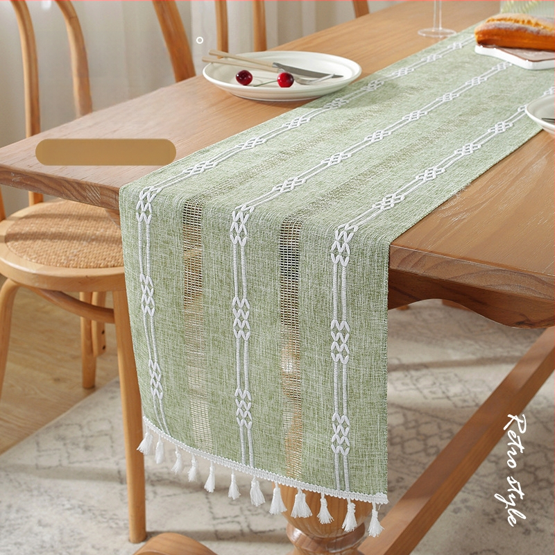 Linane laua runner triibulise mustri ja bojtidega, põhjamaade stiilis, kohandatav elutoale, magamistuppa ja tööruumile