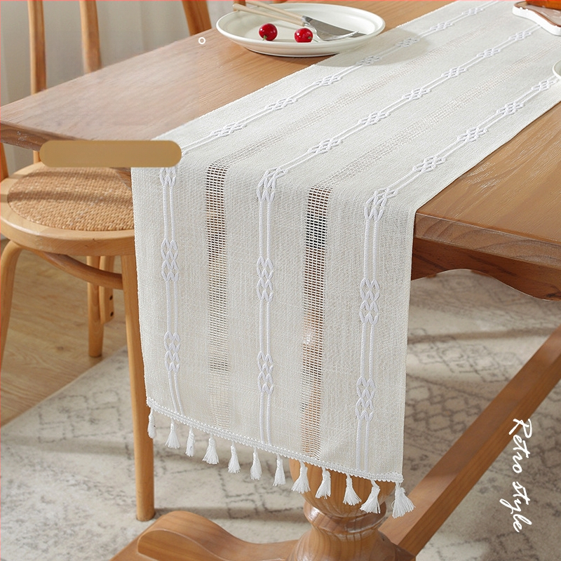 Linane laua runner triibulise mustri ja bojtidega, põhjamaade stiilis, kohandatav elutoale, magamistuppa ja tööruumile