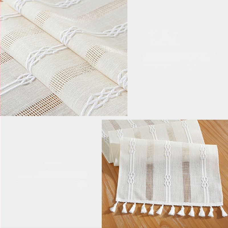 Linane laua runner triibulise mustri ja bojtidega, põhjamaade stiilis, kohandatav elutoale, magamistuppa ja tööruumile