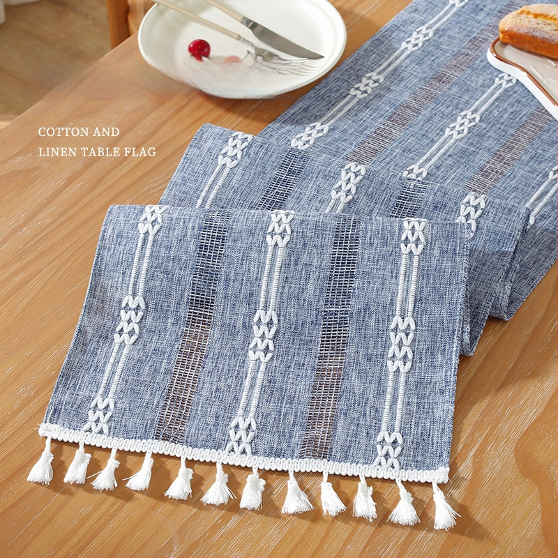 Linane laua runner triibulise mustri ja bojtidega, põhjamaade stiilis, kohandatav elutoale, magamistuppa ja tööruumile