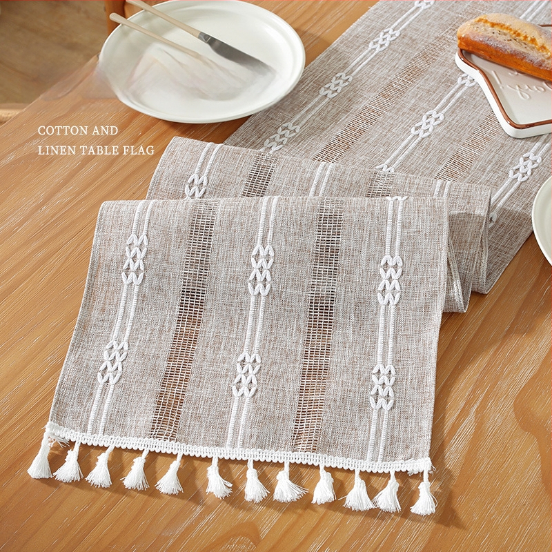 Linane laua runner triibulise mustri ja bojtidega, põhjamaade stiilis, kohandatav elutoale, magamistuppa ja tööruumile