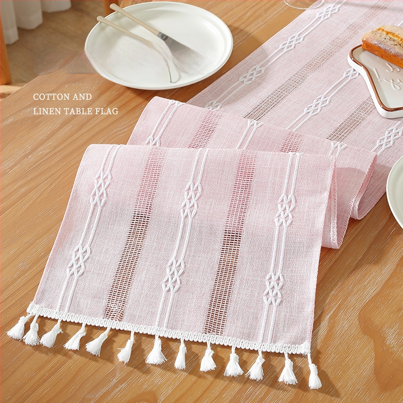 Linane laua runner triibulise mustri ja bojtidega, põhjamaade stiilis, kohandatav elutoale, magamistuppa ja tööruumile