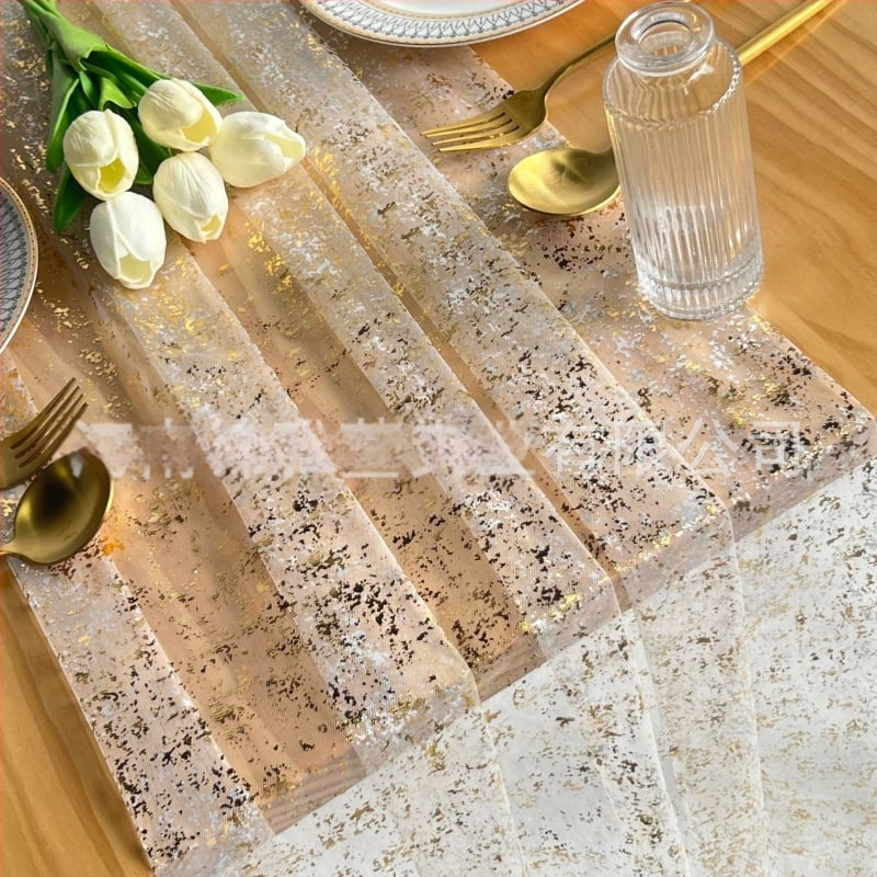 Zelta folijas tīlla galdauta lente ar spīdīgu tīklu, galvenais audums: poliester, apakšējā poliester sastāvs, mūsdienīgs minimālisma stils, pielāgošana pieejama