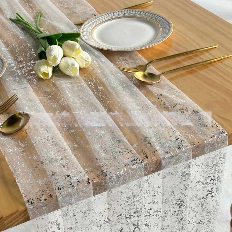 Zelta folijas tīlla galdauta lente ar spīdīgu tīklu, galvenais audums: poliester, apakšējā poliester sastāvs, mūsdienīgs minimālisma stils, pielāgošana pieejama