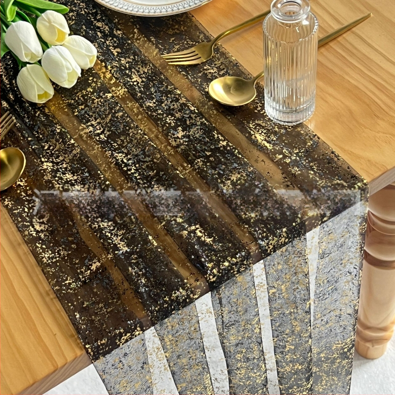 Zelta folijas tīlla galdauta lente ar spīdīgu tīklu, galvenais audums: poliester, apakšējā poliester sastāvs, mūsdienīgs minimālisma stils, pielāgošana pieejama