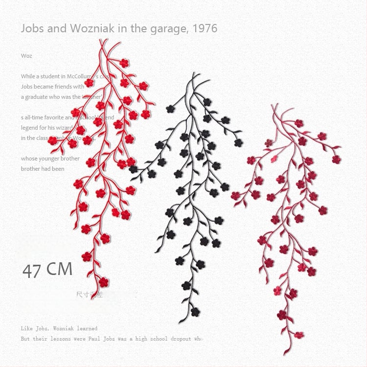 Siuvinėta plomų žiedų motyvo applikacija namų dekorui ir drabužiams — Siuvimo siūlai; Naudojimas: dekoravimas, drabužiai