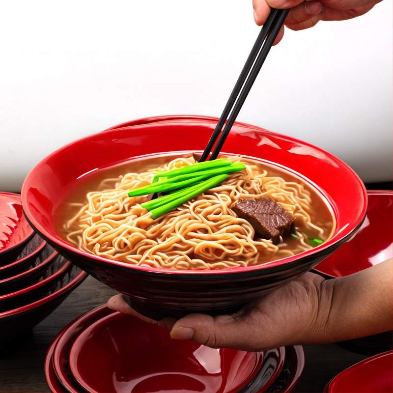 Melamininių dubenėlių rinkinys su šaukšteliu — nereguliarios formos, glazūruotas paviršius, vientisas raštas, logotipo spauda