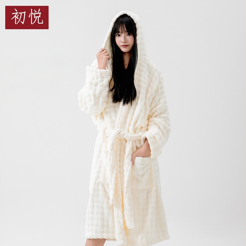 Halat de baie cu glugă pentru femei, mâneci lungi, polar coral, 100% poliester, iarnă, 860 g