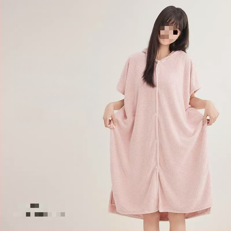 Halat de baie cu glugă din fleece coral, broderie, amestec cu spandex, 580 g