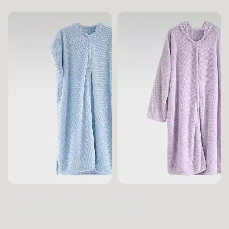 Halat de baie cu glugă din fleece coral, broderie, amestec cu spandex, 580 g