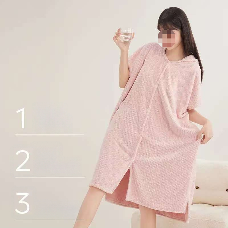 Halat de baie cu glugă din fleece coral, broderie, amestec cu spandex, 580 g