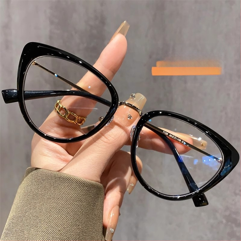 Cat-eye akiniai nuo myopijos su anti-mėlynos šviesos danga, rėmas iš TR90+ metalo, modelis F-71028, reguliuojamas rėmas.