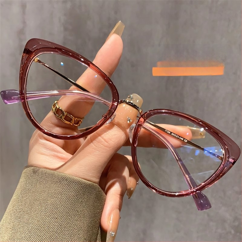 Cat-eye akiniai nuo myopijos su anti-mėlynos šviesos danga, rėmas iš TR90+ metalo, modelis F-71028, reguliuojamas rėmas.