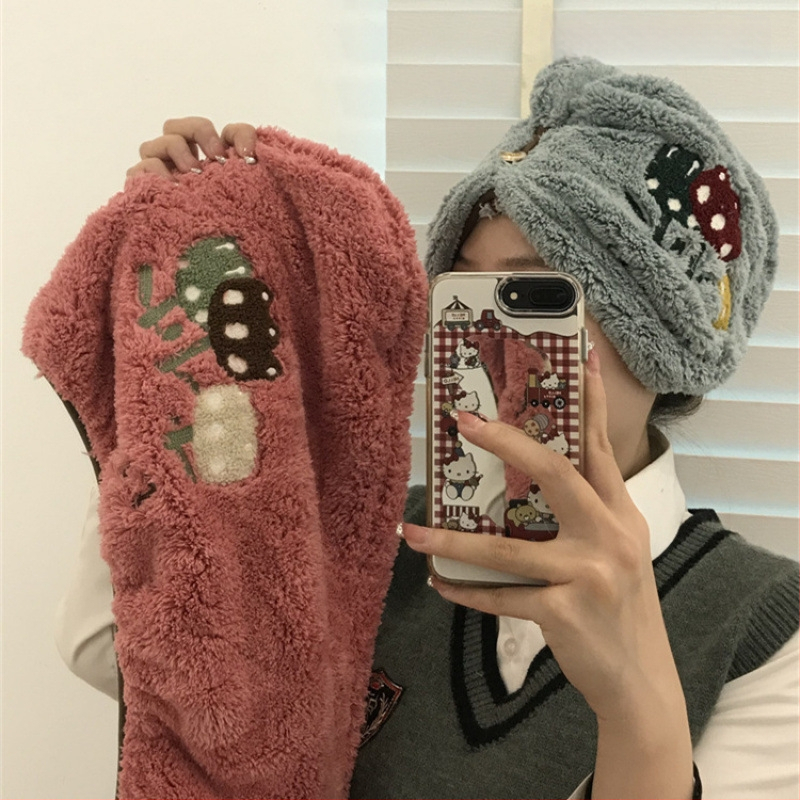 Pălărie de uscat păr din fleece coral, cu broderie florală, cu două straturi, din microfibră, 200 g sau mai mult