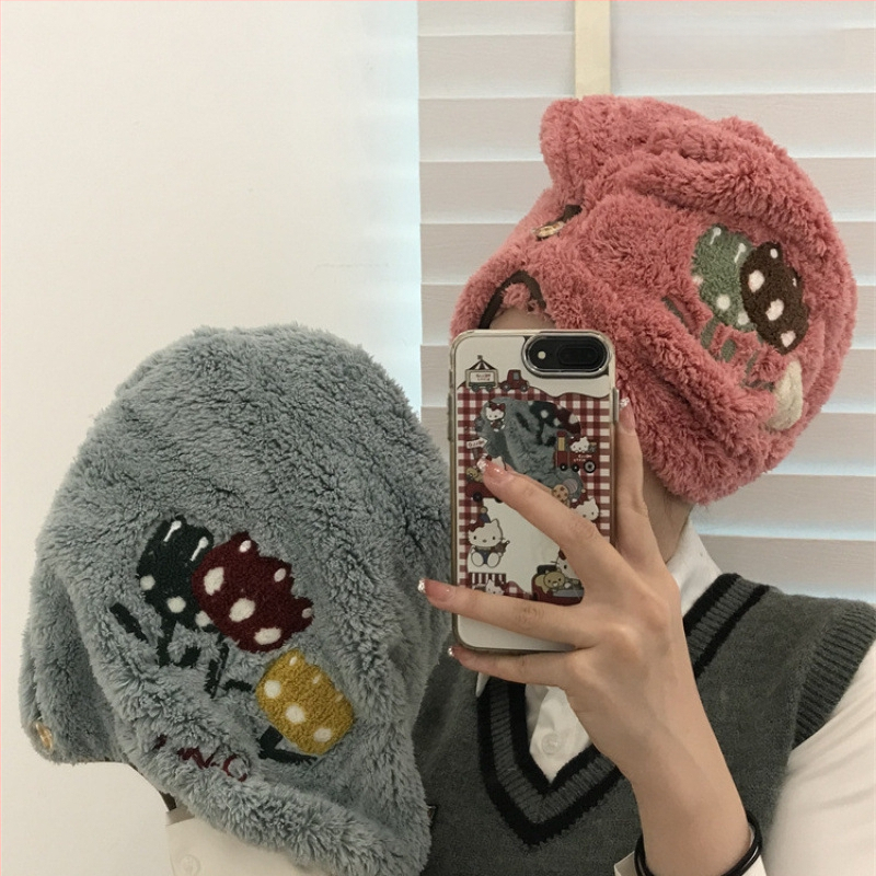 Pălărie de uscat păr din fleece coral, cu broderie florală, cu două straturi, din microfibră, 200 g sau mai mult