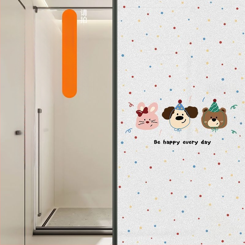 Stikla loga privātuma plēve ar mīļu suņa rakstu, elektrostatiskā pielietošana, caurspīdīgs un necaurspīdīgs privātuma plēve vannas logiem